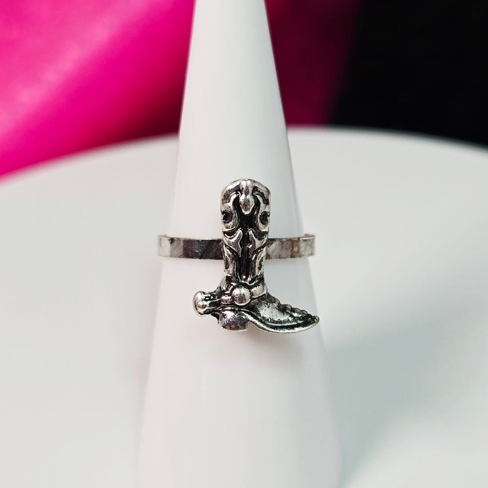 Cowboy Boot & Spur Ring 🤠 Antique Silver Adjustable | Pinky Ring Western Style